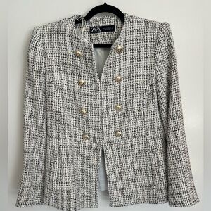 Zara black & white tweed blazer with gold hardware accents - size M